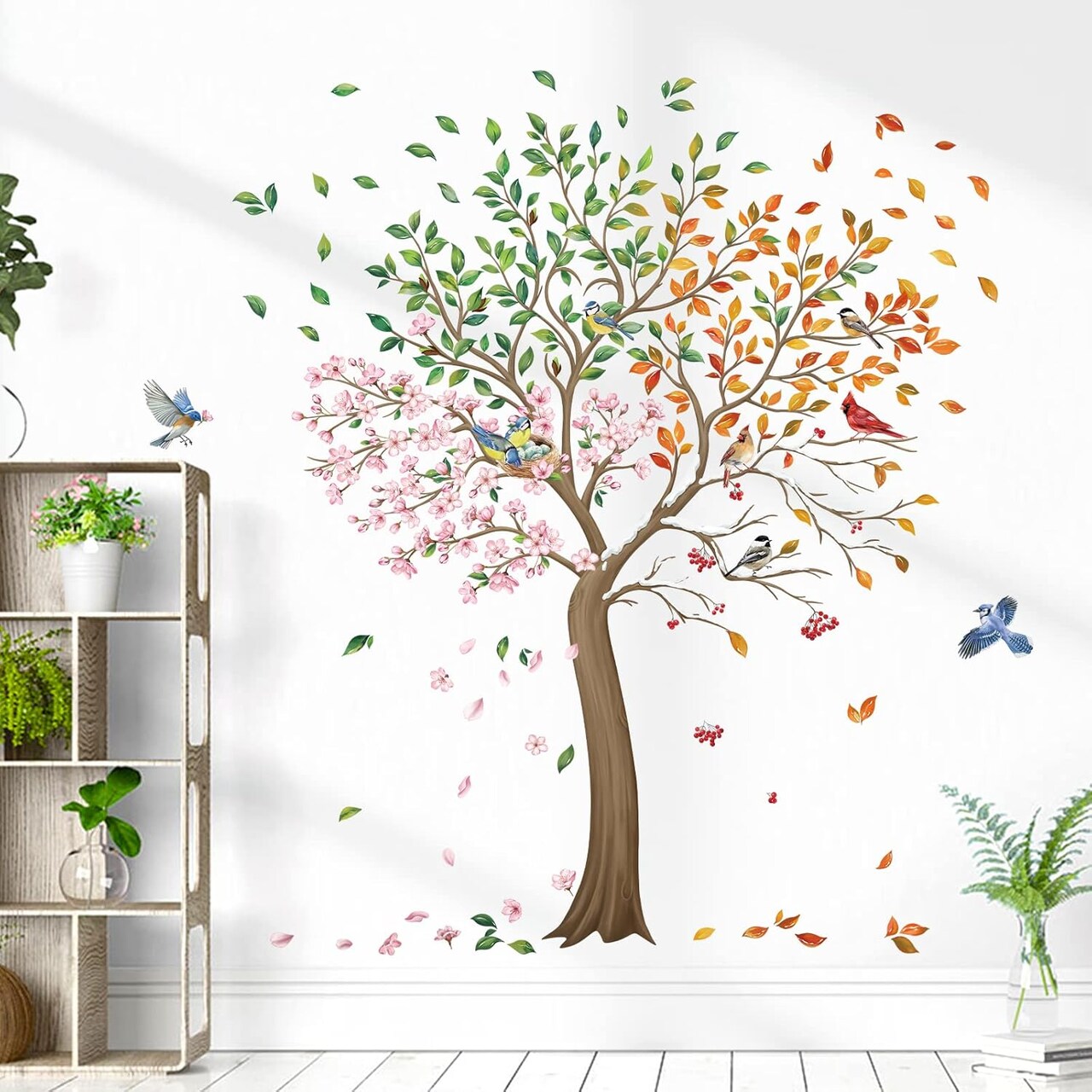 Colorful Large Tree Wall Stickers Tree with Flower Birds Peel and Stick Wall Art Decals(Multi)